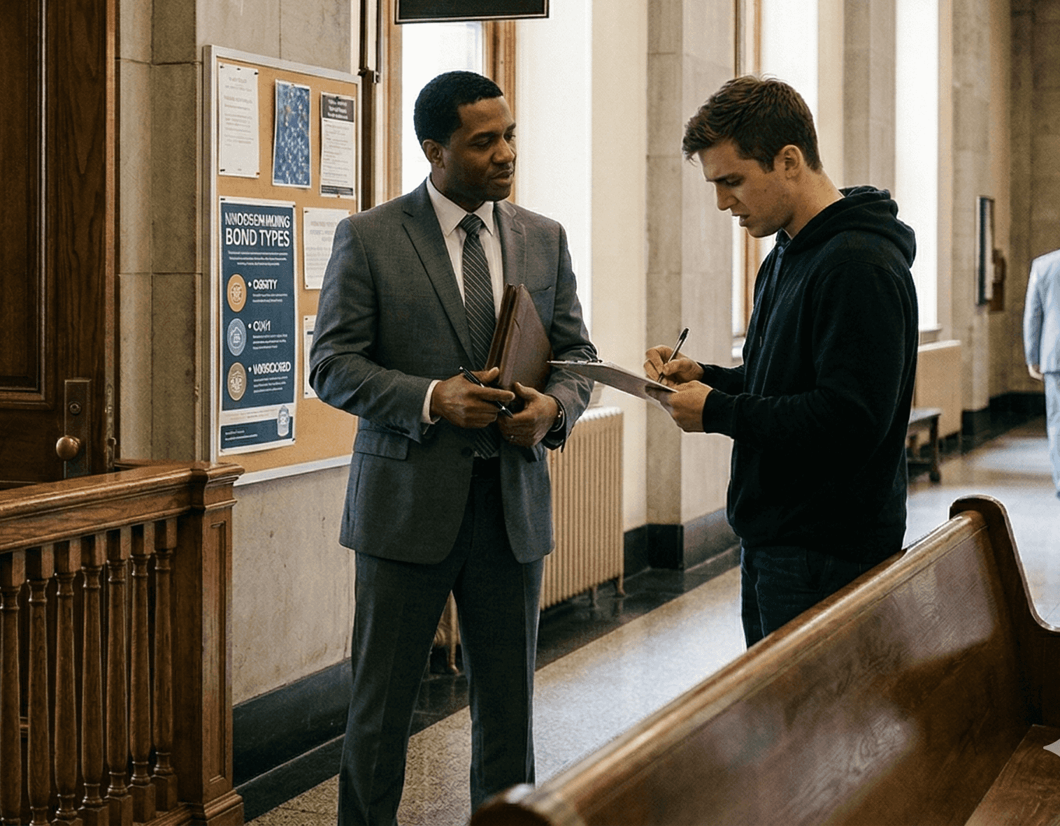An attorney explaining bail vs. bond to a client.